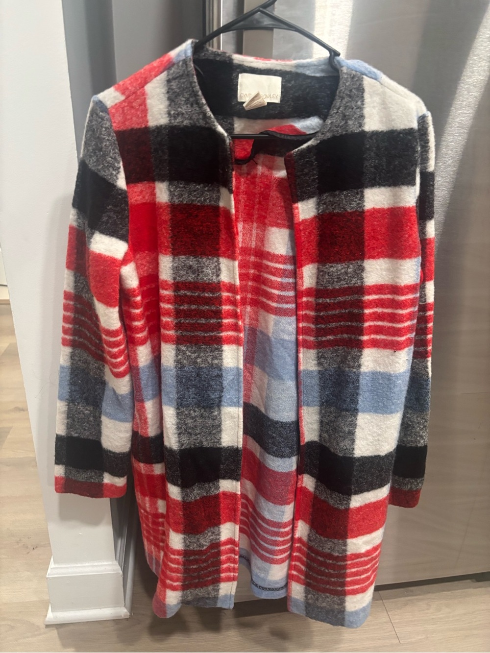 Cynthia Rowley Red, Black, White & Blue Plaid Open-Front Coat